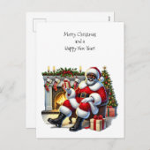 Cartes Pour Fêtes Annuelles Père Noël noire avec cheminée, Bas, Arbre (Devant / Derrière)