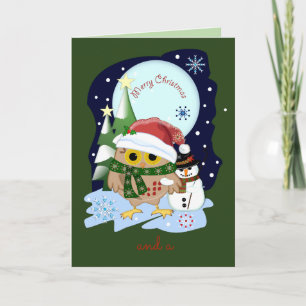 Cartes Pour Fêtes Annuelles Père Noël Owl et son ami bonhomme de neige, texte