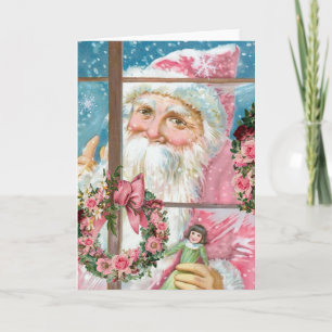 Cartes Pour Fêtes Annuelles Père Noël rose vintage à la fenêtre