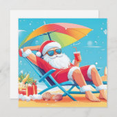 Cartes Pour Fêtes Annuelles Père Noël se détendant sur un transat de plage tro (Devant / Derrière)