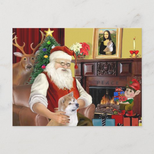 Cartes Pour Fêtes Annuelles Père Noël Shiba Inu (en regardant vers le haut) (Devant)
