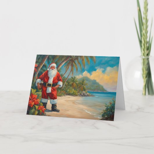 Cartes Pour Fêtes Annuelles Père Noël sur la plage tropicale (Devant)