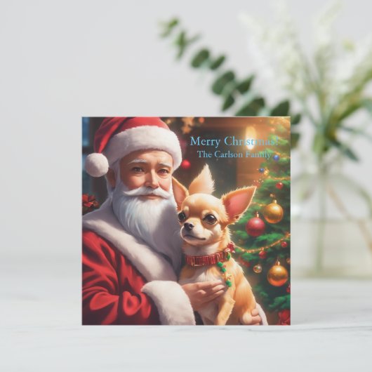 Cartes Pour Fêtes Annuelles Père Noël tenant un chihuahua (Debout devant)