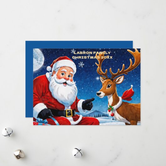 Cartes Pour Fêtes Annuelles Père Noël traditionnel avec son renne Personnalisé (Devant/Arrière en situation)