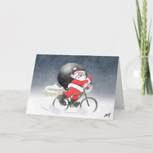 Cartes Pour Fêtes Annuelles père Noël vélo avec son sac dans la neige.
