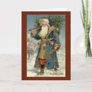 Cartes Pour Fêtes Annuelles Père Noël victorien vintage avec sapin de Noël