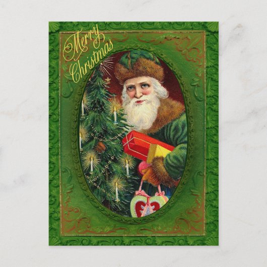Cartes Pour Fêtes Annuelles Père Noël victorienne avec arbre de Noël vert (Devant)