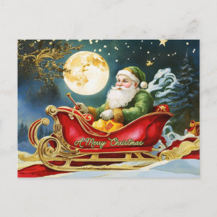Cartes Pour Fêtes Annuelles Père Noël vintage à Sleigh, Pleine lune, Étoiles