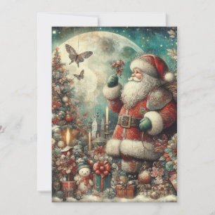 Cartes Pour Fêtes Annuelles Père Noël Vintage Arbre Lune Cadeaux