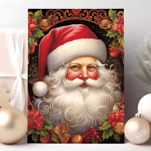 Cartes Pour Fêtes Annuelles Père Noël vintage avec Noël floral au houx