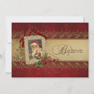 Cartes Pour Fêtes Annuelles Père Noël vintage avec Poinsettia et dentelle d'or
