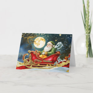 Cartes Pour Fêtes Annuelles Père Noël vintage dans un traîneau, pleine lune, é