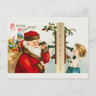 Cartes Pour Fêtes Annuelles Père Noël vintage et petite fille au téléphone