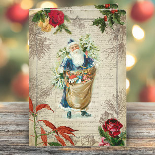 Cartes Pour Fêtes Annuelles Père Noël Vintage rustique avec fleurs, pin et mus
