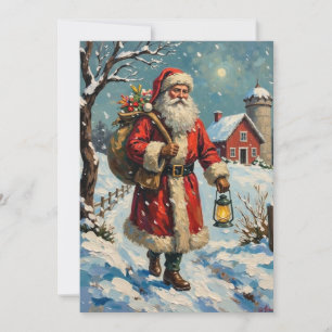 Cartes Pour Fêtes Annuelles Père Noël vintage sur le chemin enneigé de la ferm