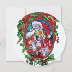 Cartes Pour Fêtes Annuelles PÈRE NOËL VIOLONISTE Couronne de Hollyberry Noël