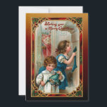 Cartes Pour Fêtes Annuelles Père vintage Noël et enfants<br><div class="desc">Illustration de fête de l'époque victorienne magnifiquement restaurée, avec Noël du Père du Vieux Monde avec enfants au foyer familial et voeux de Noël joyeux encadrés par un cadre de style gothique ornemental rouge, vert et or orné et arrière - plan artisan coordonnateur. Le dos est assorti au cadre, à...</div>