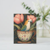 Cartes Pour Fêtes Annuelles Perroquet en Teacup avec tulipes (Debout devant)