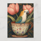 Cartes Pour Fêtes Annuelles Perroquet en Teacup avec tulipes (Devant)