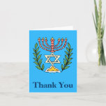 Cartes Pour Fêtes Annuelles Persian Magen David Menorah<br><div class="desc">Un carte de remerciements pour accompagner les invitations Bar/Bat mitzvah avec le même design. Cette image a été adaptée à partir d'un carrelage juif perse antique et présente une menorah avec un Magen David (Étoile de David) encadré de branches d'olivier. Les imperfections de l'image originale peinte à la main ont...</div>