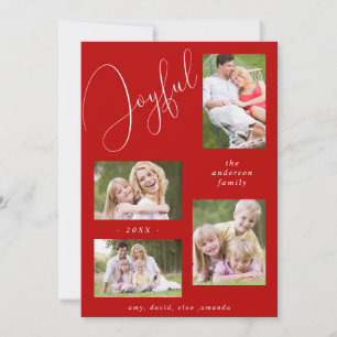 Cartes Pour Fêtes Annuelles Personnalisé 4 Photo Chic Script Joyeux Rouge