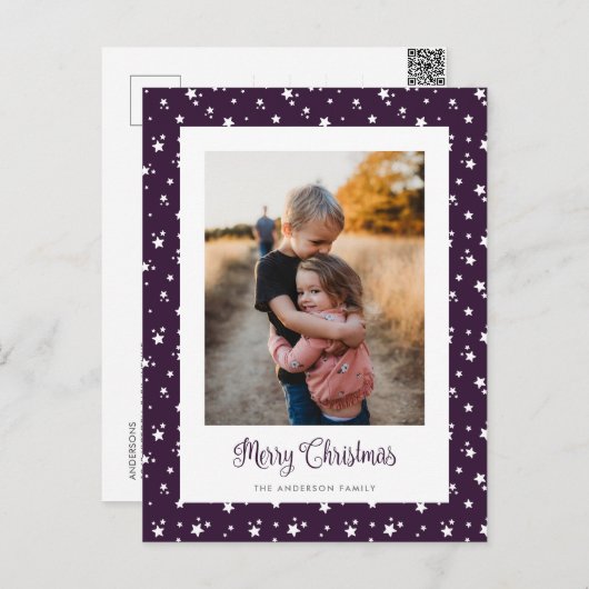 Cartes Pour Fêtes Annuelles Personnalisé Violet Étoiles Photo Joyeux Noël Cart (Devant / Derrière)
