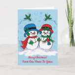 Cartes Pour Fêtes Annuelles Personnel M. & Mme Frosty The Snowman<br><div class="desc">"Merry Christmas from Our House To Yours" ! Personnalize This One Of A Child... Holiday Card ! M. & Mme Frosty The Snowman Are Taking a Magical Christmas Stroll Through a "Snowy Winter Wonderland" ! Original Fine Art Design by Artist Kerry Miller.</div>
