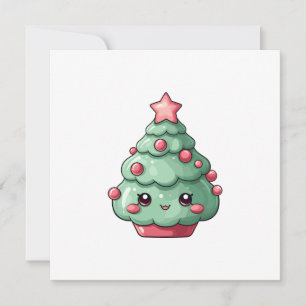 Cartes Pour Fêtes Annuelles Petit arbre de Noël Kawaii avec visage souriant