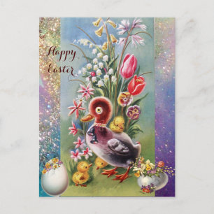 CARTES POUR FÊTES ANNUELLES PETIT CANARD, POULET, OEUFS DE PÂQUES AUX FLEURS