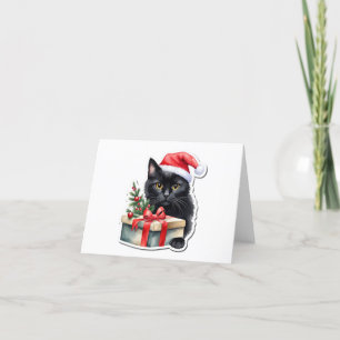 Cartes Pour Fêtes Annuelles Petit chat noir timide en Père Noël avec cadeau VI
