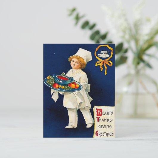 Cartes Pour Fêtes Annuelles Petit chef avec assiette de Thanksgiving (Debout devant)