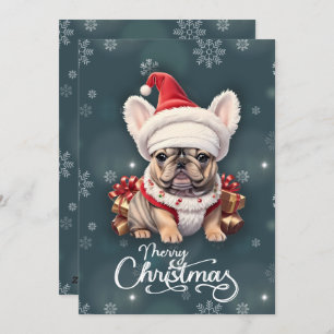Cartes Pour Fêtes Annuelles Petit Chien à taureaux français Santa Hat Joyeux N