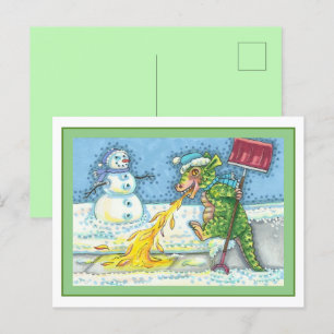 CARTES POUR FÊTES ANNUELLES PETIT DRAGON MELTING & SHOVELING NEIGE, FUNNY CUTE