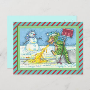 CARTES POUR FÊTES ANNUELLES PETIT DRAGON MELTING & SHOVELING NEIGE, FUNNY CUTE