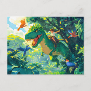 Cartes Pour Fêtes Annuelles Petit garçon à cheval T-Rex dans la jungle et les