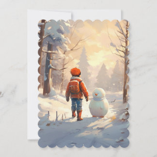 Cartes Pour Fêtes Annuelles Petit garçon jouant avec un bonhomme de neige en f