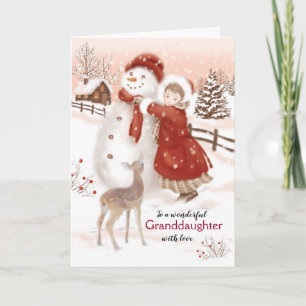 Cartes Pour Fêtes Annuelles Petite-fille, Deer regarde Fille faire Snowman