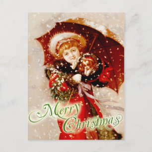 Cartes Pour Fêtes Annuelles Petite fille et chiot dans la neige de Noël