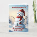 Cartes Pour Fêtes Annuelles Petite-fille et famille Noël Snowman<br><div class="desc">Une scène d'hiver festive montrant un joyeux bonhomme de neige dans un casquette rouge et foulard. Souhaitez à votre petite-fille et à sa famille un joyeux Noël avec une belle carte de bonhomme de neige.</div>