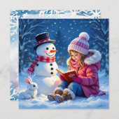 Cartes Pour Fêtes Annuelles Petite fille Lire une histoire à un Noël de Snowma (Devant / Derrière)