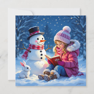Cartes Pour Fêtes Annuelles Petite Fille Lisant une Histoire à un Bonhomme de