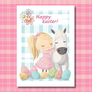 Cartes Pour Fêtes Annuelles Petite fille mignonne avec poney - Cheval Pâques