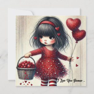 Cartes Pour Fêtes Annuelles Petite fille tenant un panier de coeurs rouges sci