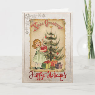 Cartes Pour Fêtes Annuelles Petite fille vintage écureuils flocons de neige
