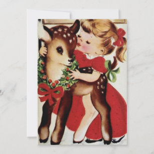 Cartes Pour Fêtes Annuelles Petite fille vintage embrasser bébé Cerf de Noël