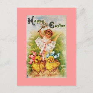 Cartes Pour Fêtes Annuelles Petite fille vintage et poussins de Pâques