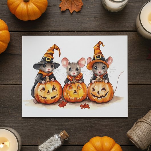 Cartes Pour Fêtes Annuelles Petite petite aquarelle Mice Halloween Citrouilles