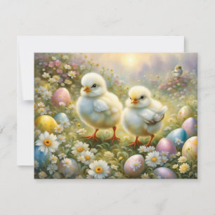 Cartes Pour Fêtes Annuelles Petits poussins dans la prairie avec oeufs de Pâqu