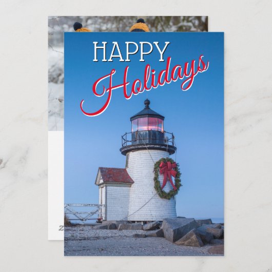 Cartes Pour Fêtes Annuelles Phare avec une couronne de Noël (Devant / Derrière)