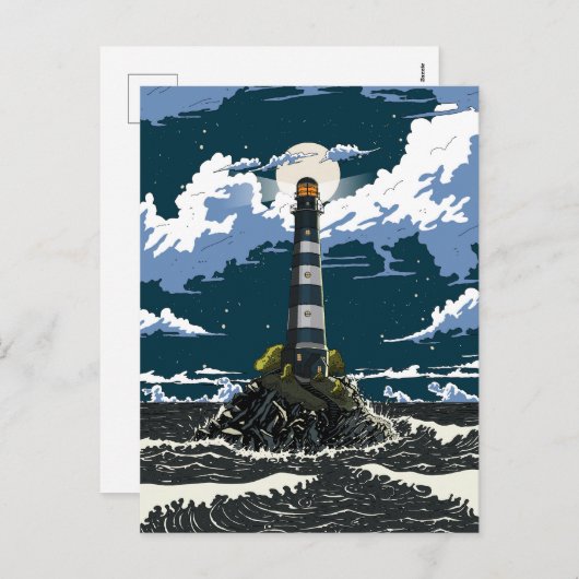Cartes Pour Fêtes Annuelles Phare La Nuit (Devant / Derrière)